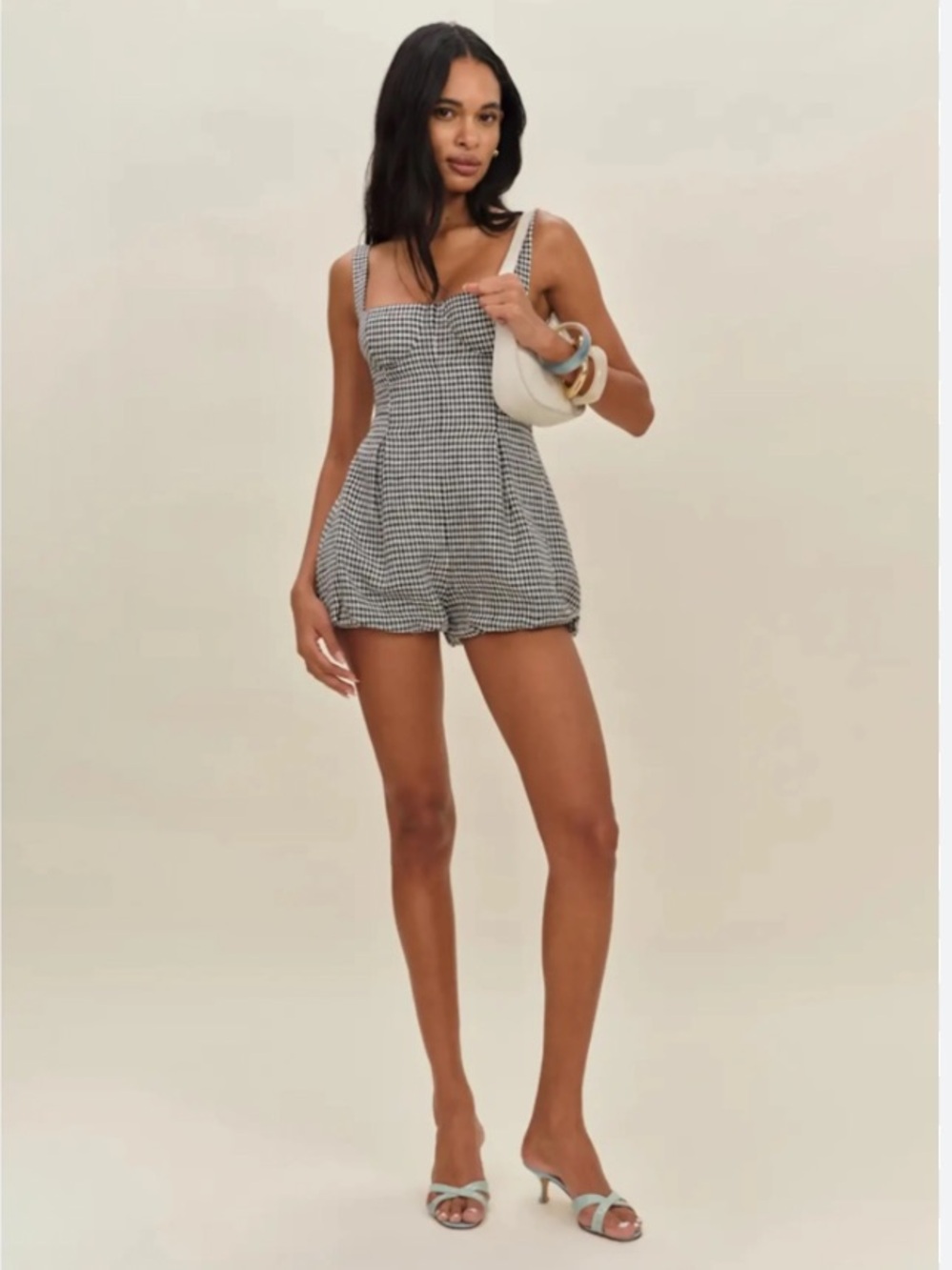 Reformation Lydia linen romper in Remy check